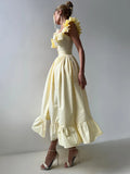 Flying Sleeve Ruffle Striped Slip Long Dress Women - Goose Yellow / L