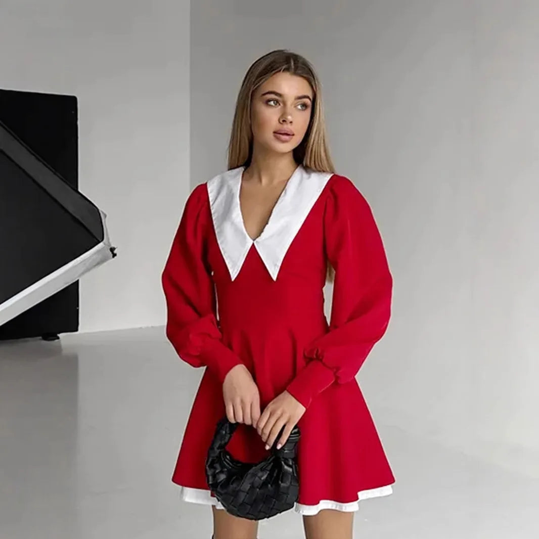 French Doll Collar Splice Mini Dress Women’s - Red / S