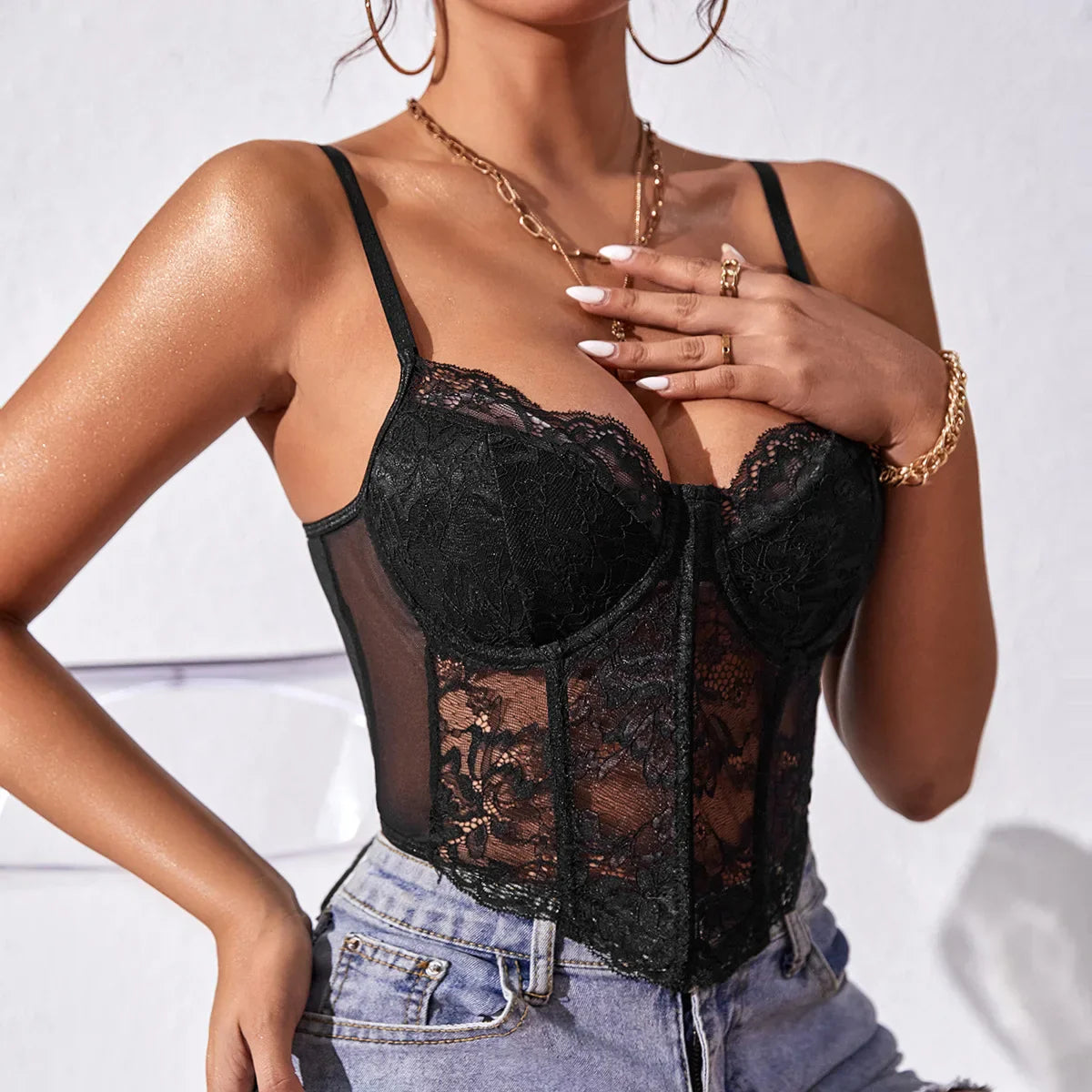 French Lace Underwire Rhomboid Fishbone Crop Top Backless - Other