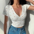 French retro floral V-neck short-sleeved T-shirt Slim slimming - S / WHITE - Other