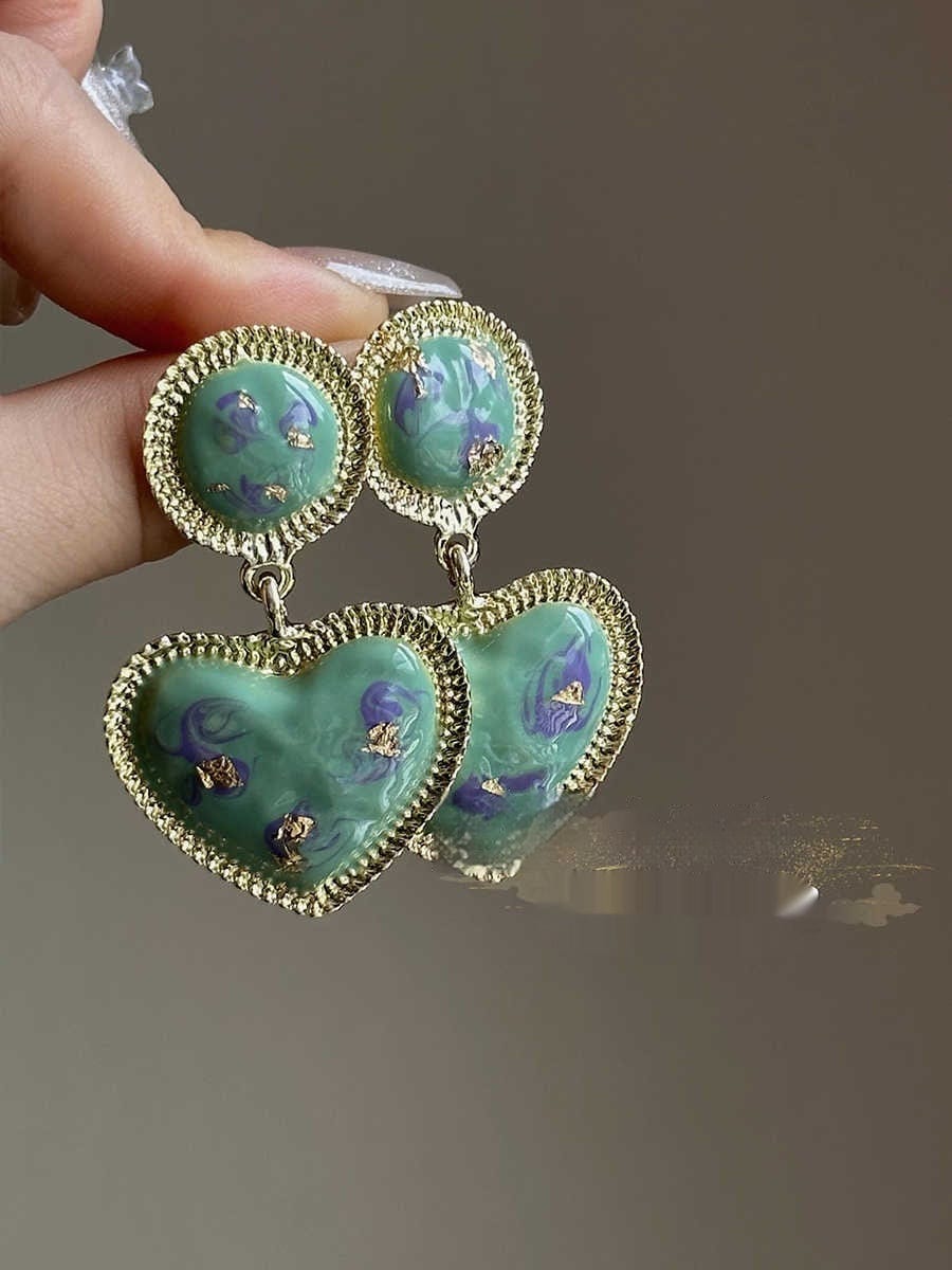 French Retro Green Heart Stud Earrings - A Pair Of 925 Ear Studs - electronic accessories