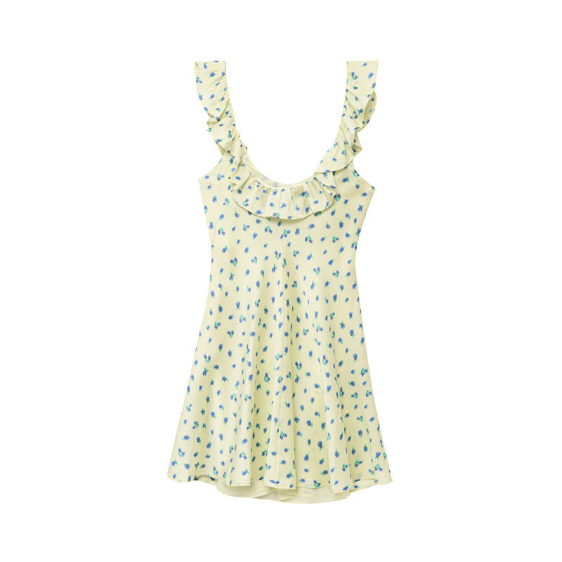 French Retro Silk Satin Texture Printed Round Neck Dress - Other