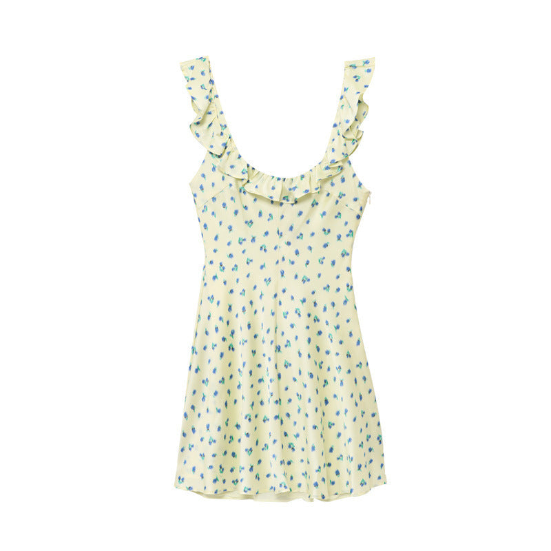 French Retro Silk Satin Texture Printed Round Neck Dress - Other