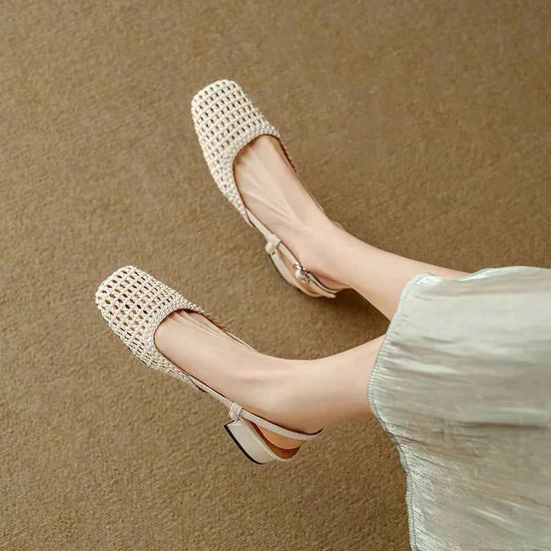 French Square-toed Woven High-heeled Sandals