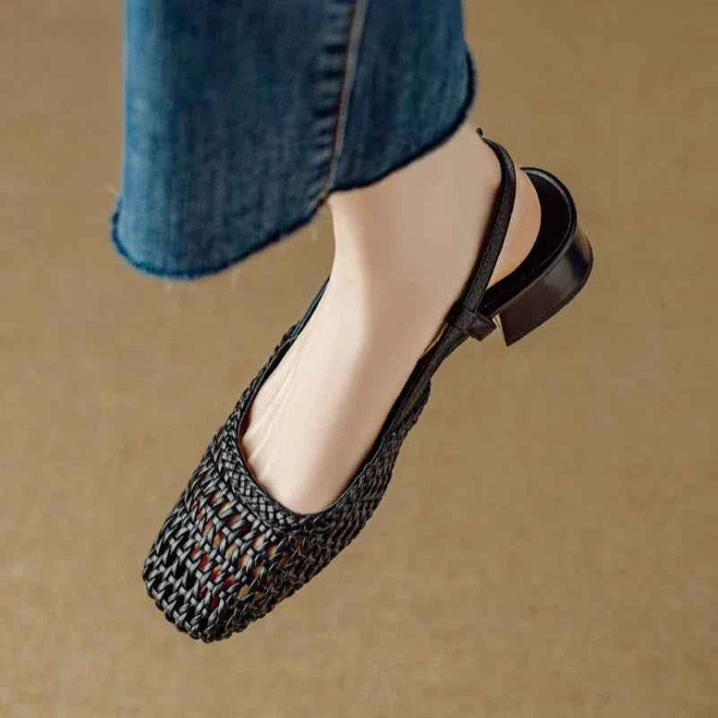 French Square-toed Woven High-heeled Sandals