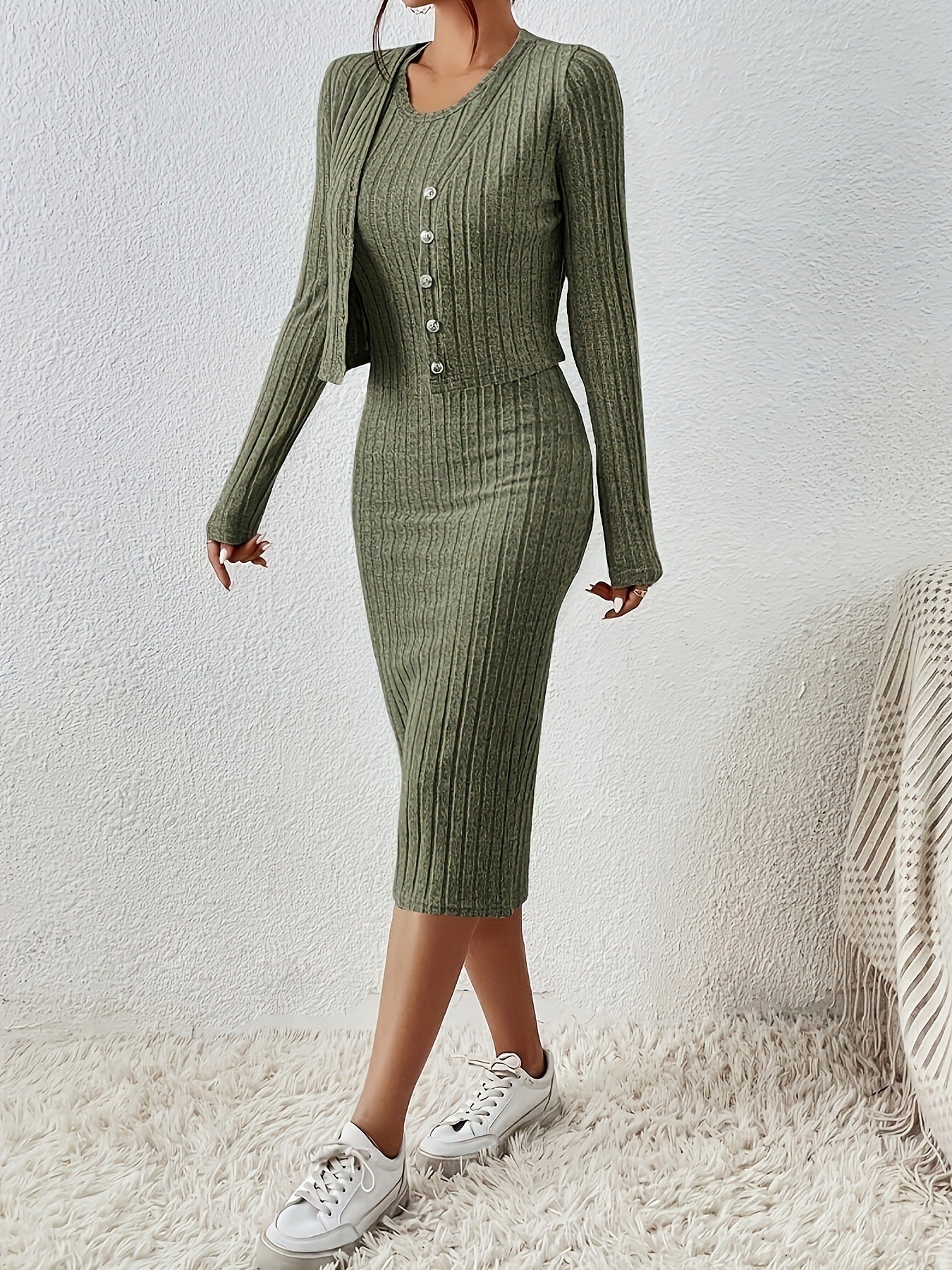 Front Button Cropped Top And Slim Fit Dress - Army Green / L - electronic accessories