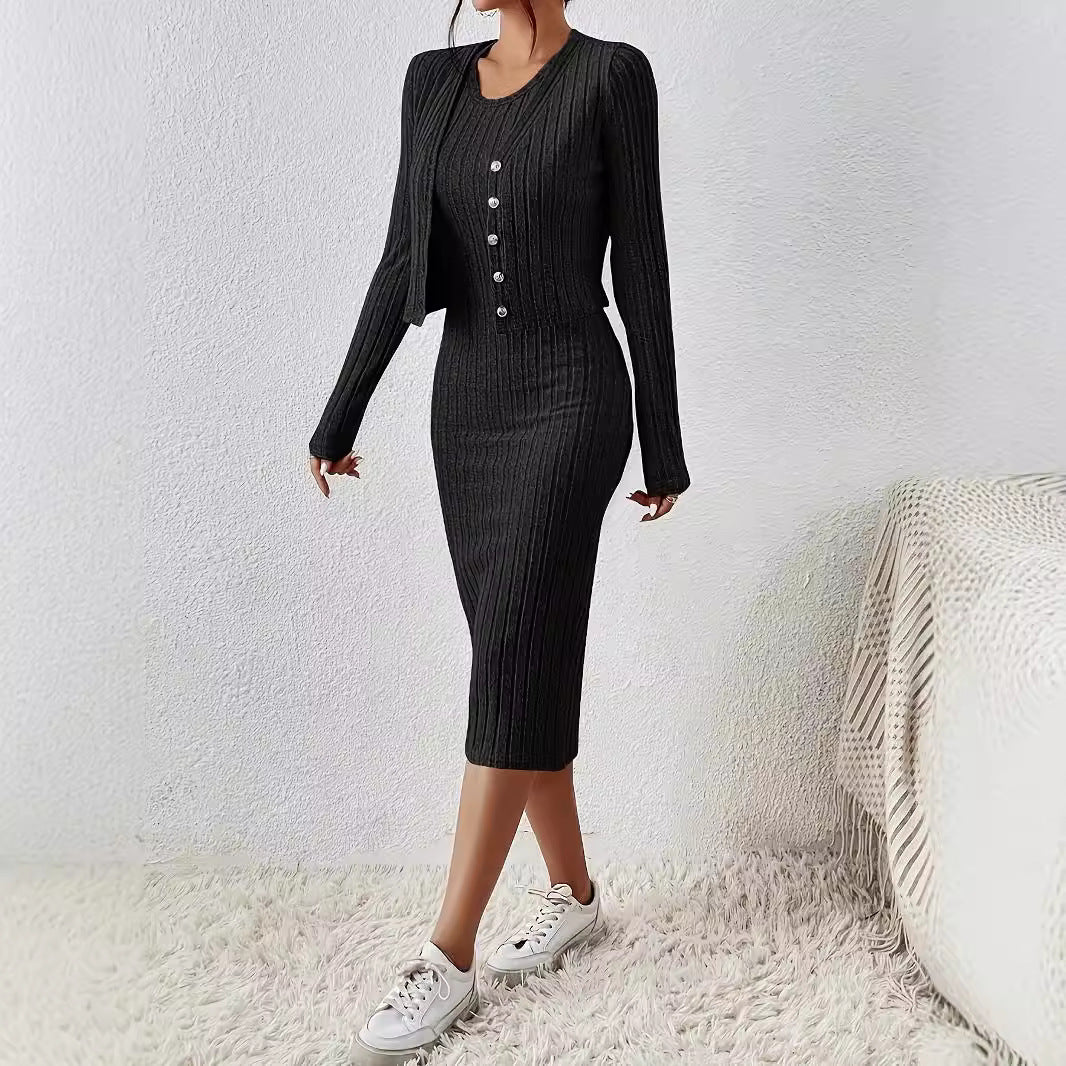 Front Button Cropped Top And Slim Fit Dress - electronic accessories