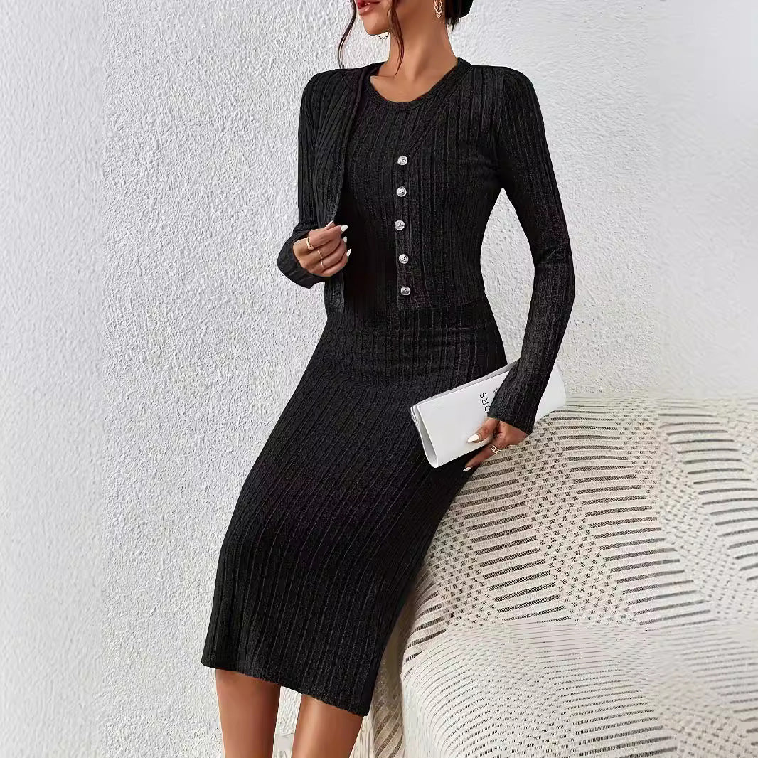 Front Button Cropped Top And Slim Fit Dress - electronic accessories