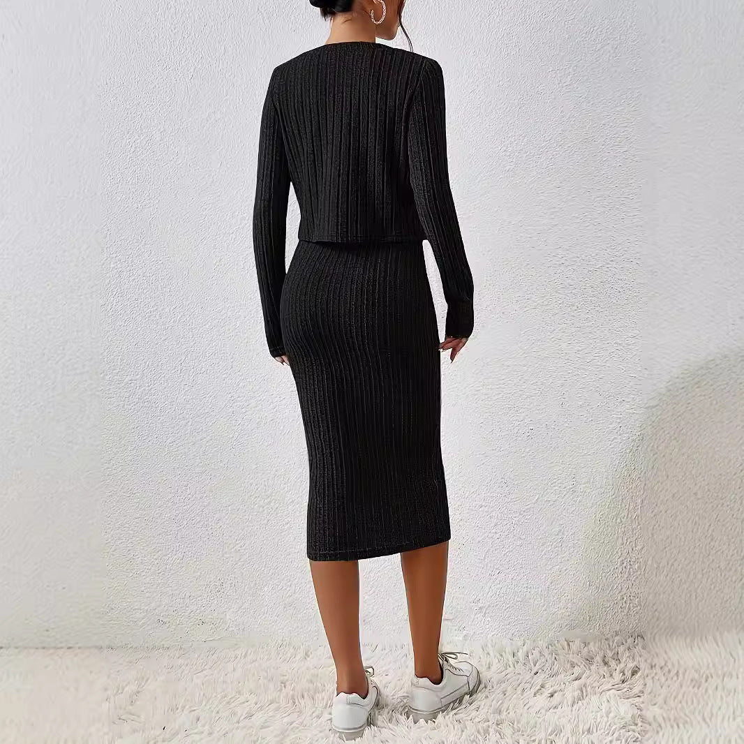 Front Button Cropped Top And Slim Fit Dress - electronic accessories