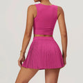 Fuchsia pink athletic 2pcs yoga set with crop top and pleated mini skirt