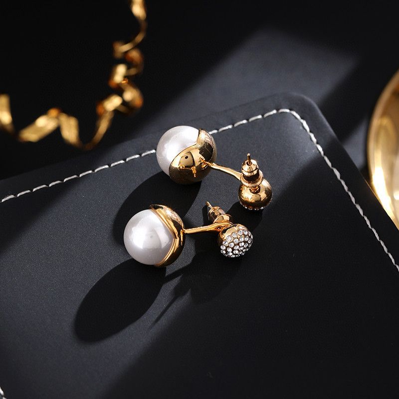 Gem Ball And Glass Pearl Pendant Stud Earrings - Gold 7618 - electronic accessories