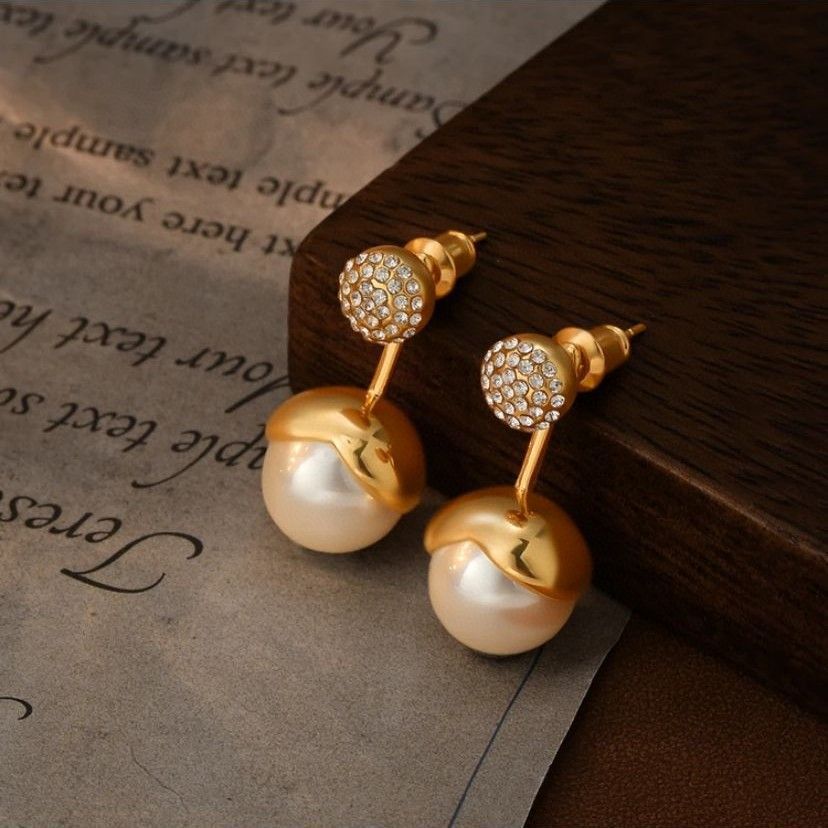 Gem Ball And Glass Pearl Pendant Stud Earrings - Gold 7618 - electronic accessories