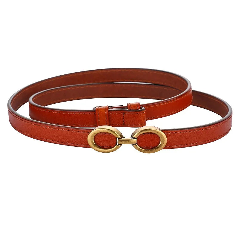 Genuine Leather Classic Oval Buckle Thin Belt - brown / 100cm