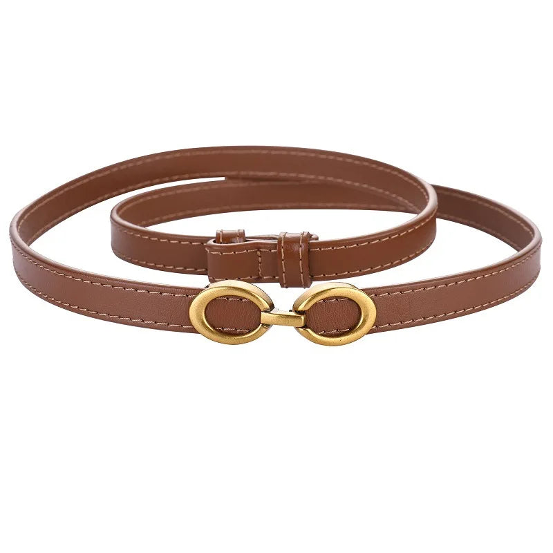 Genuine Leather Classic Oval Buckle Thin Belt - burnt orange / 100cm