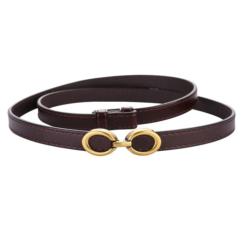 Genuine Leather Classic Oval Buckle Thin Belt - coffee / 100cm