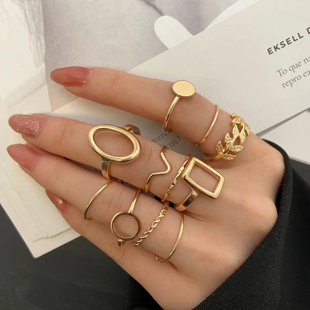Geometric Leaf Ring Suit 11-piece Set - Gold - electronic accessories
