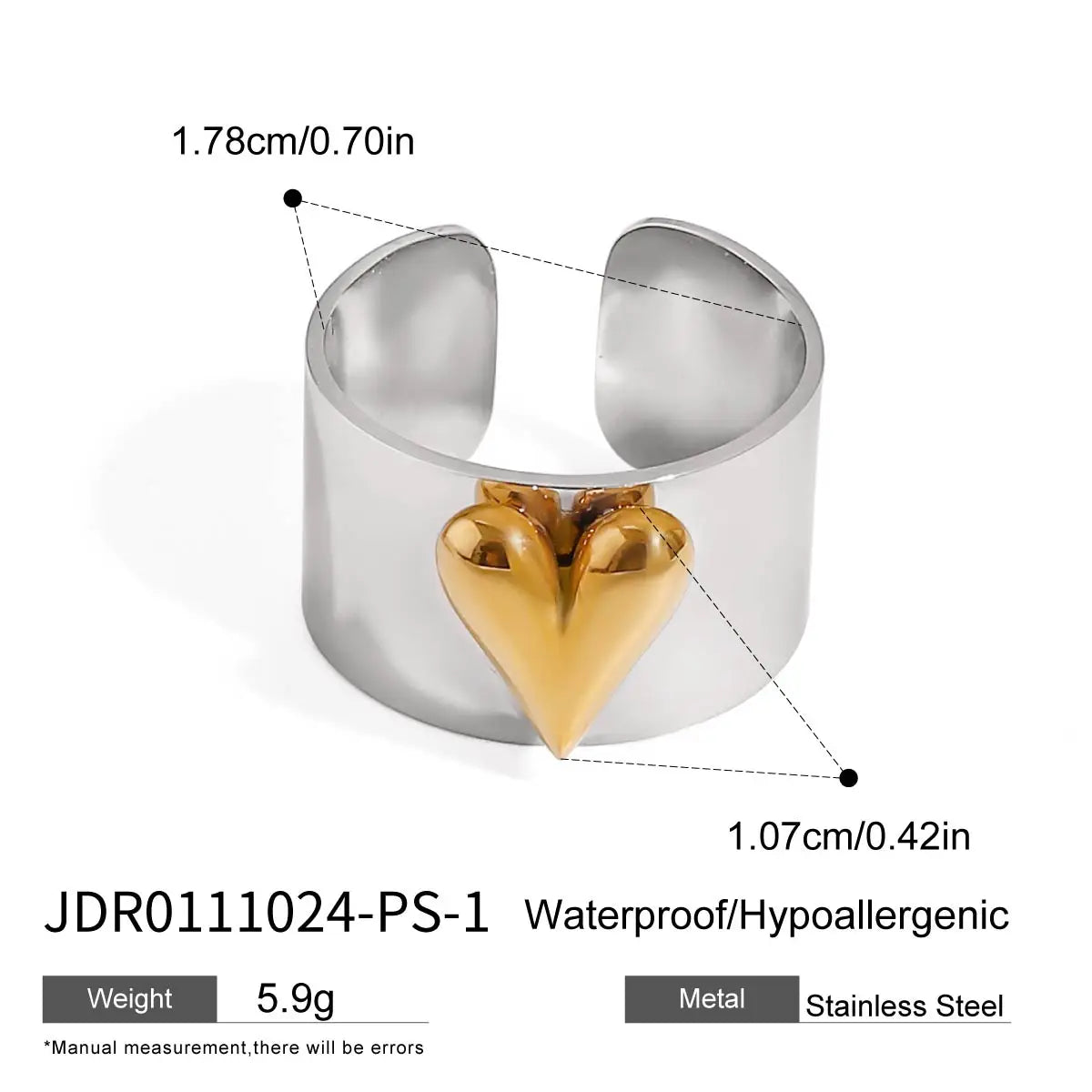 Gold And Silver Color Large Heart Cocktail Ring Ajustable - JDR0111024-PS-1