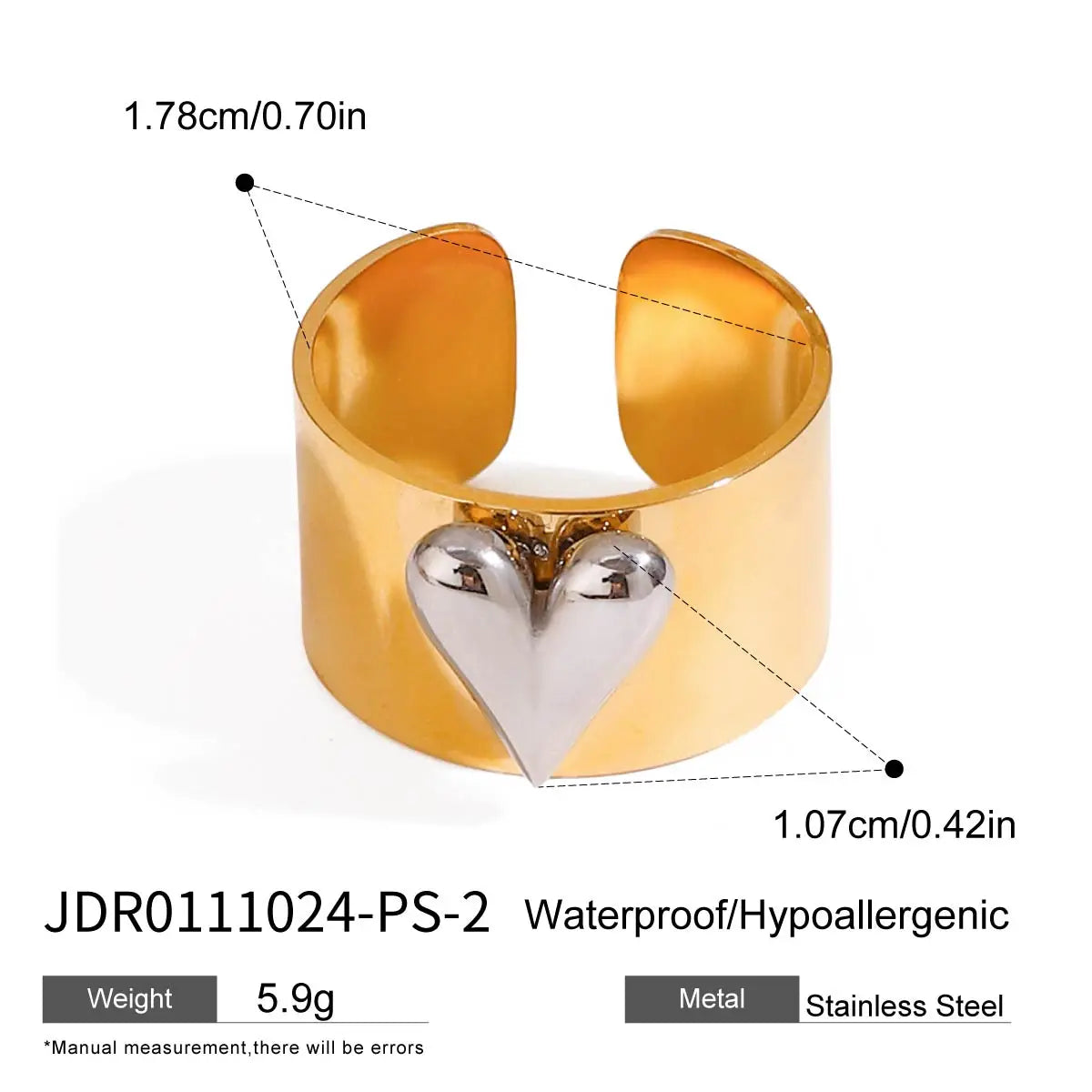 Gold And Silver Color Large Heart Cocktail Ring Ajustable - JDR0111024-PS-2