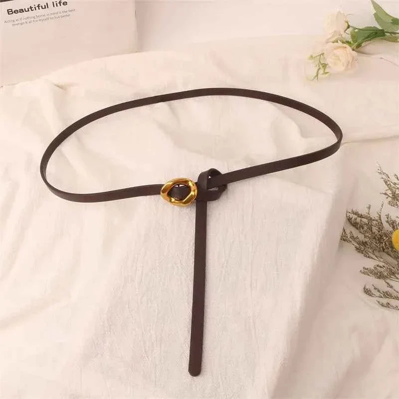 Gold Bronze Metal Buckle PU Leather Knotted Belt