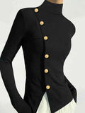 Gold Button Pullover Black Top for Women