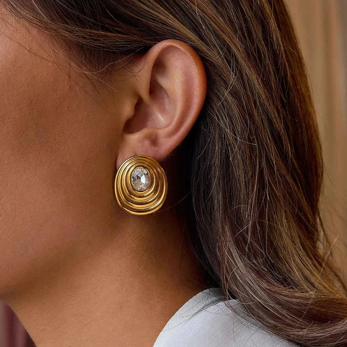 Gold Color Plated Stainless Steel Round White Zircon Ribbed Round Ear Studs