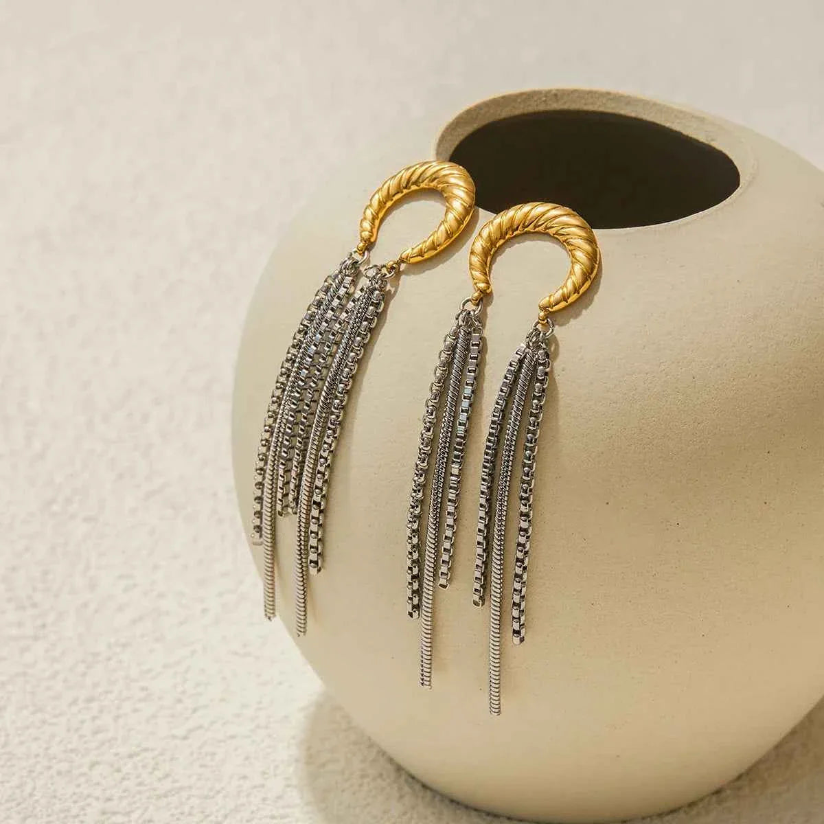 Gold Color Plated Stainless Steel Two Tone Moon tassel Earrings