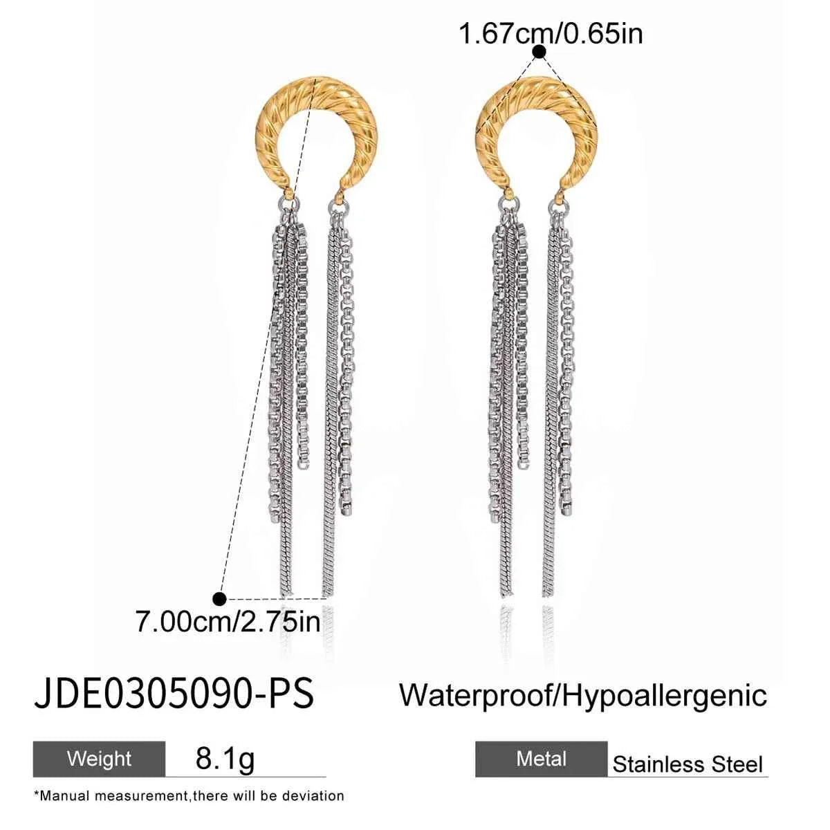 Gold Color Plated Stainless Steel Two Tone Moon tassel Earrings