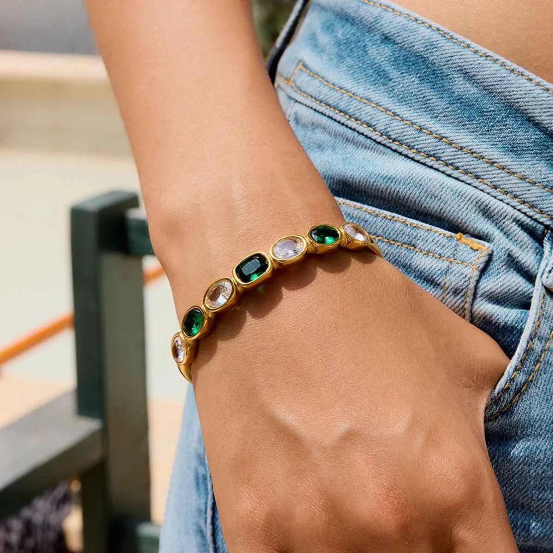 Gold Color Plated Stainless Steel White Green Zircon Bracelet