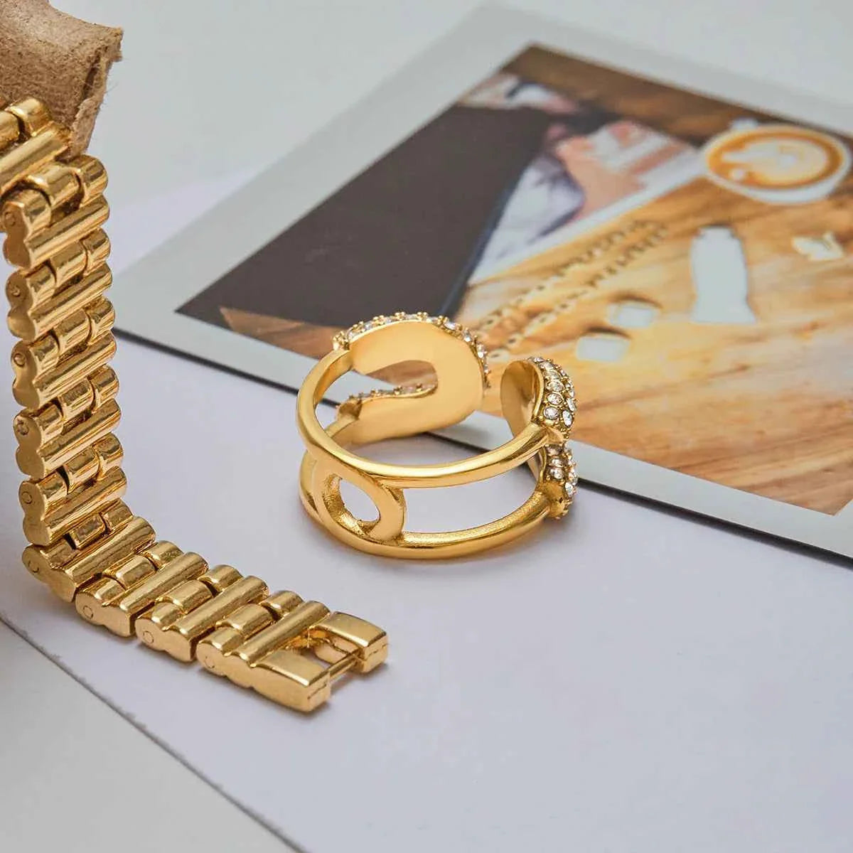 Gold Color Plated Stainless Steel White Rhinestone Paper Clip Ring