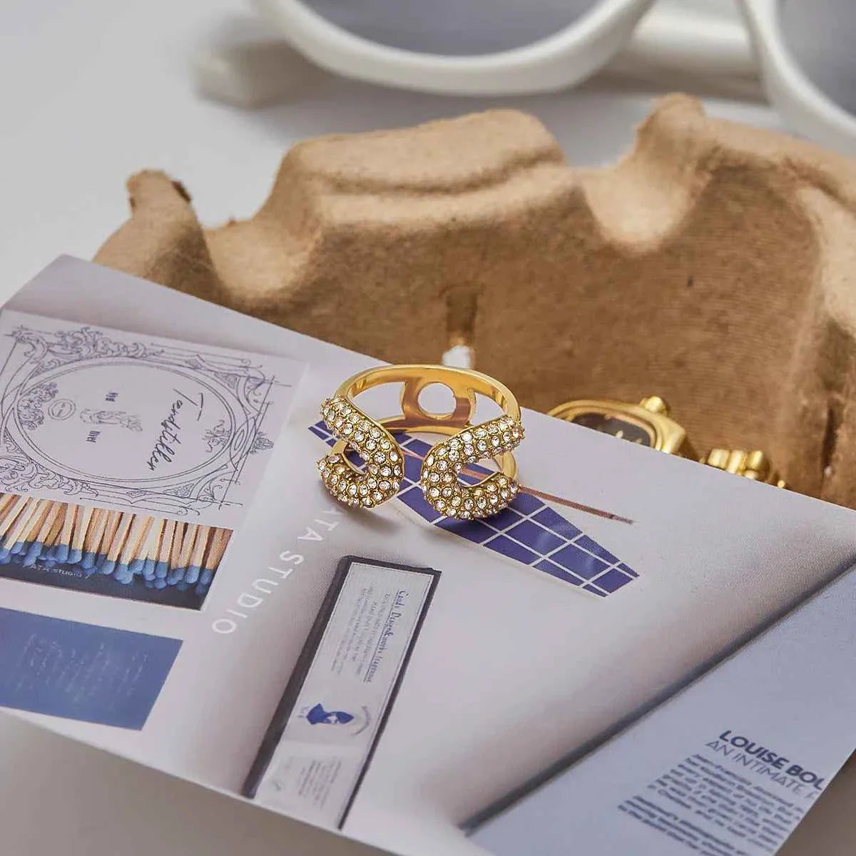 Gold Color Plated Stainless Steel White Rhinestone Paper Clip Ring