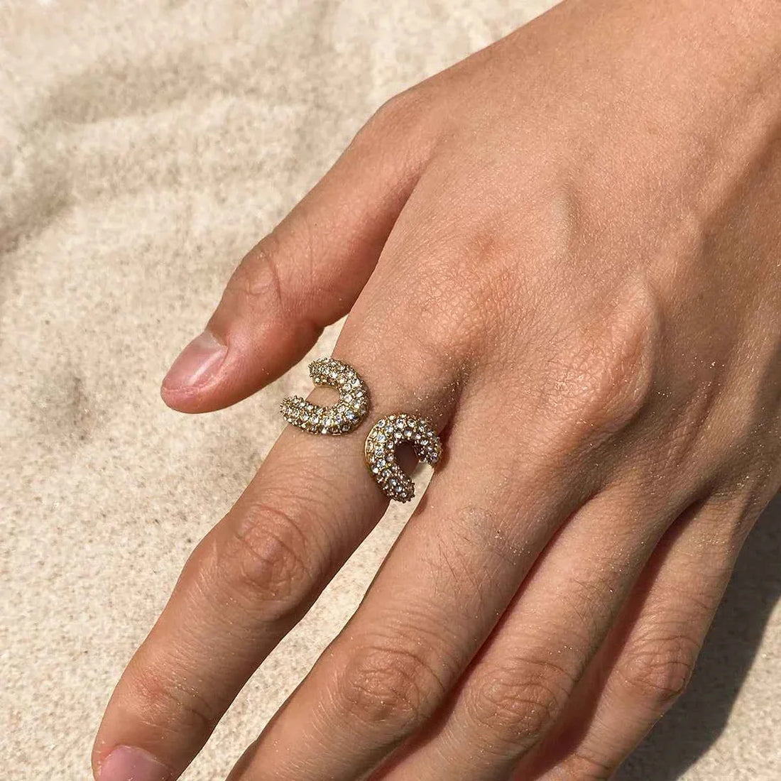 Gold Color Plated Stainless Steel White Rhinestone Paper Clip Ring