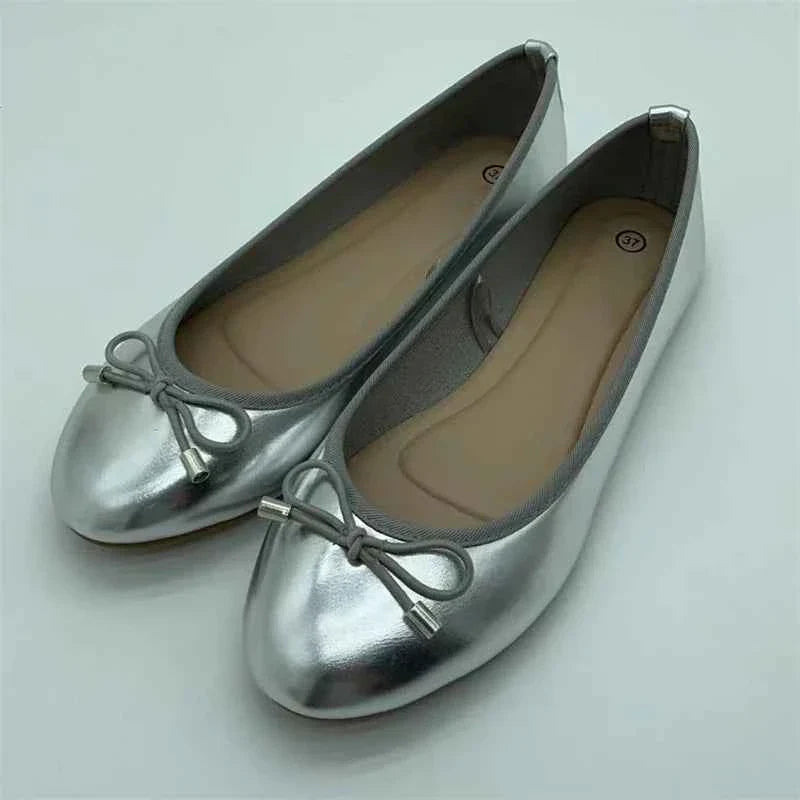 Gold Silver Elegant Bowknot Round Toe Women's Flat