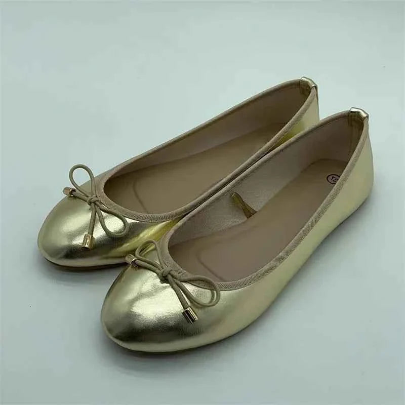 Gold Silver Elegant Bowknot Round Toe Women's Flat