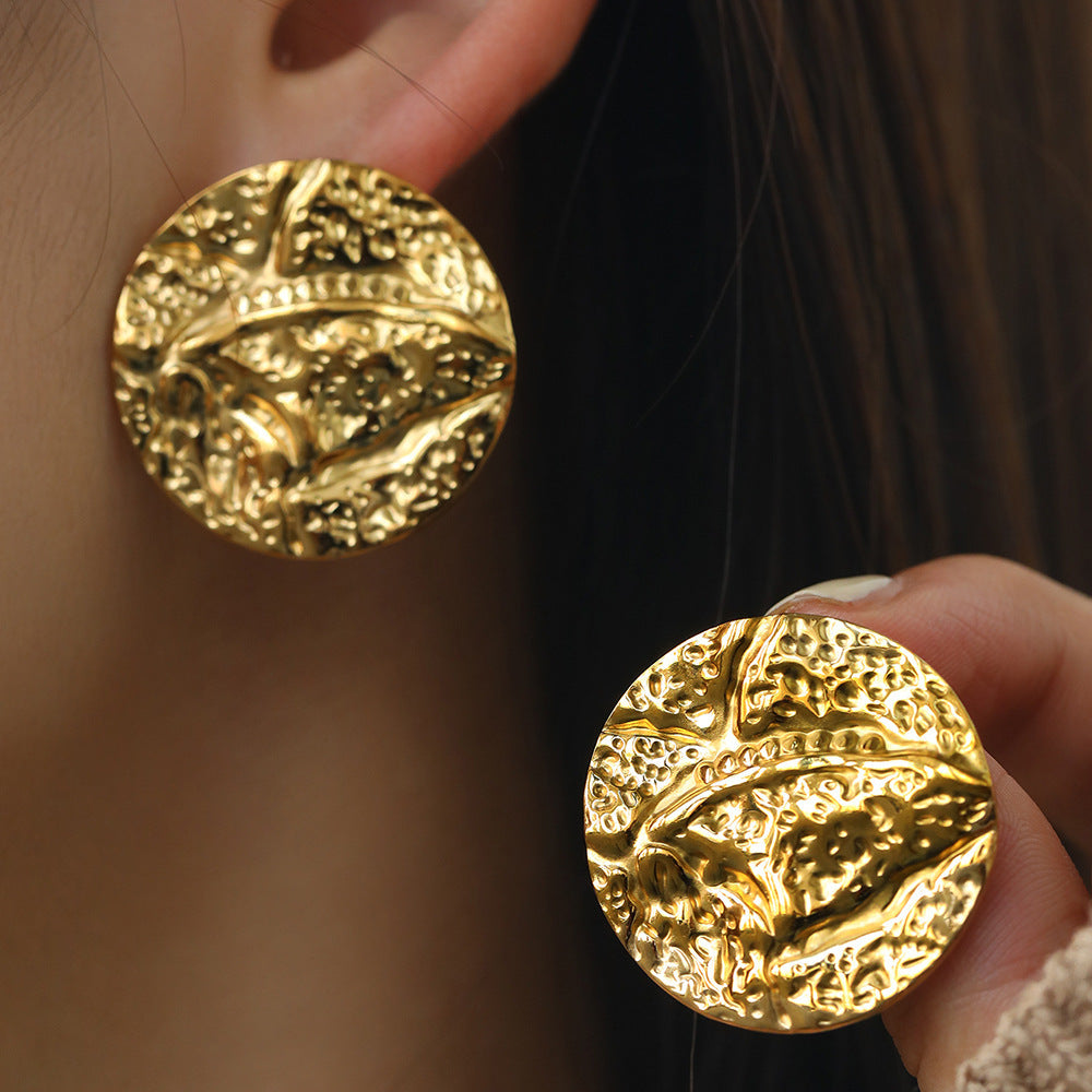Gold Stainless Steel Pleated Round Earrings - electronic accessories