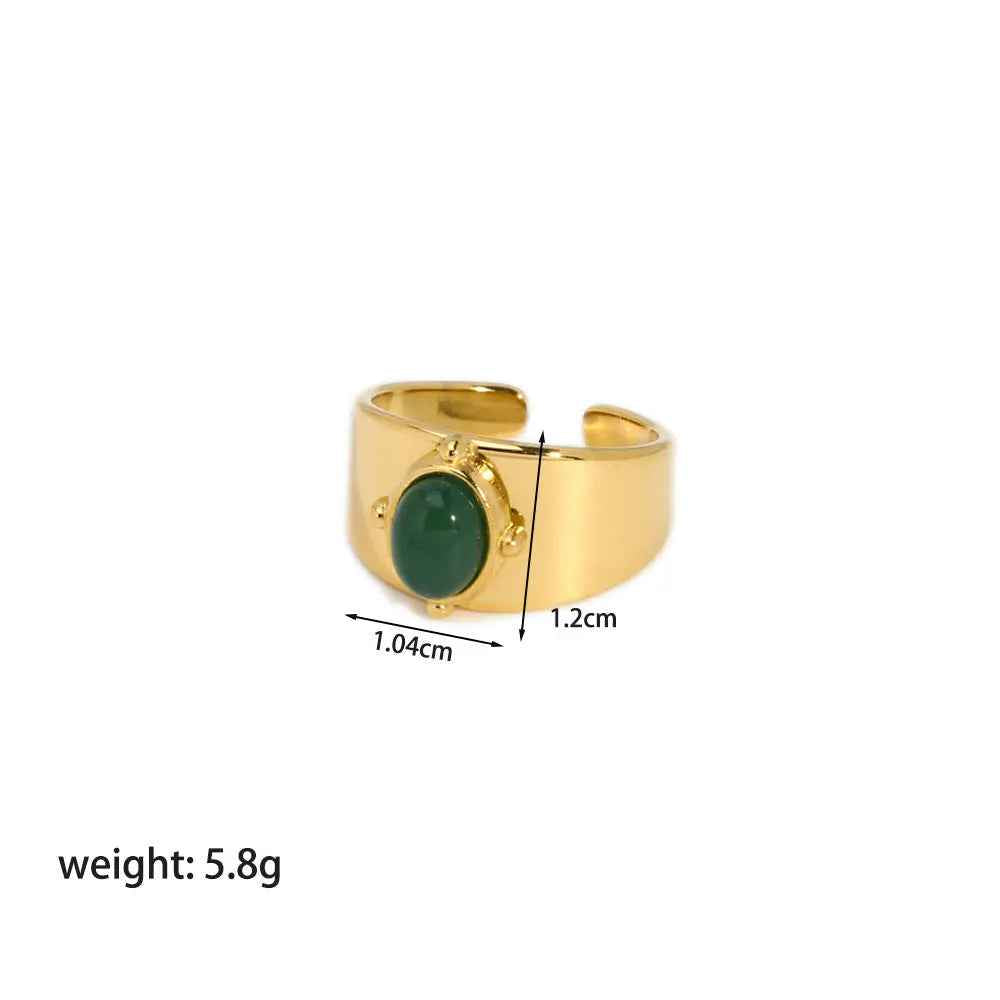Gold Wide Face Inlaid Oval Natural Stone Ring - electronic accessories