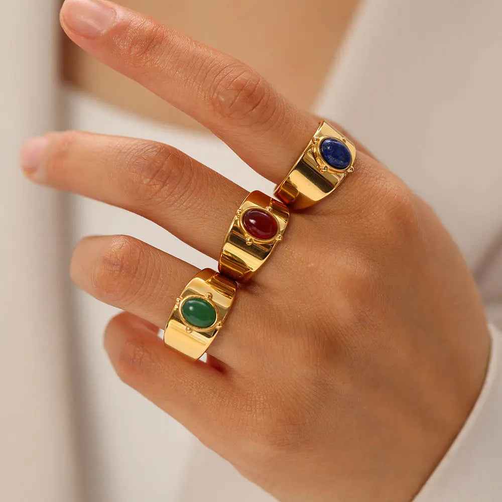 Gold Wide Face Inlaid Oval Natural Stone Ring - electronic accessories