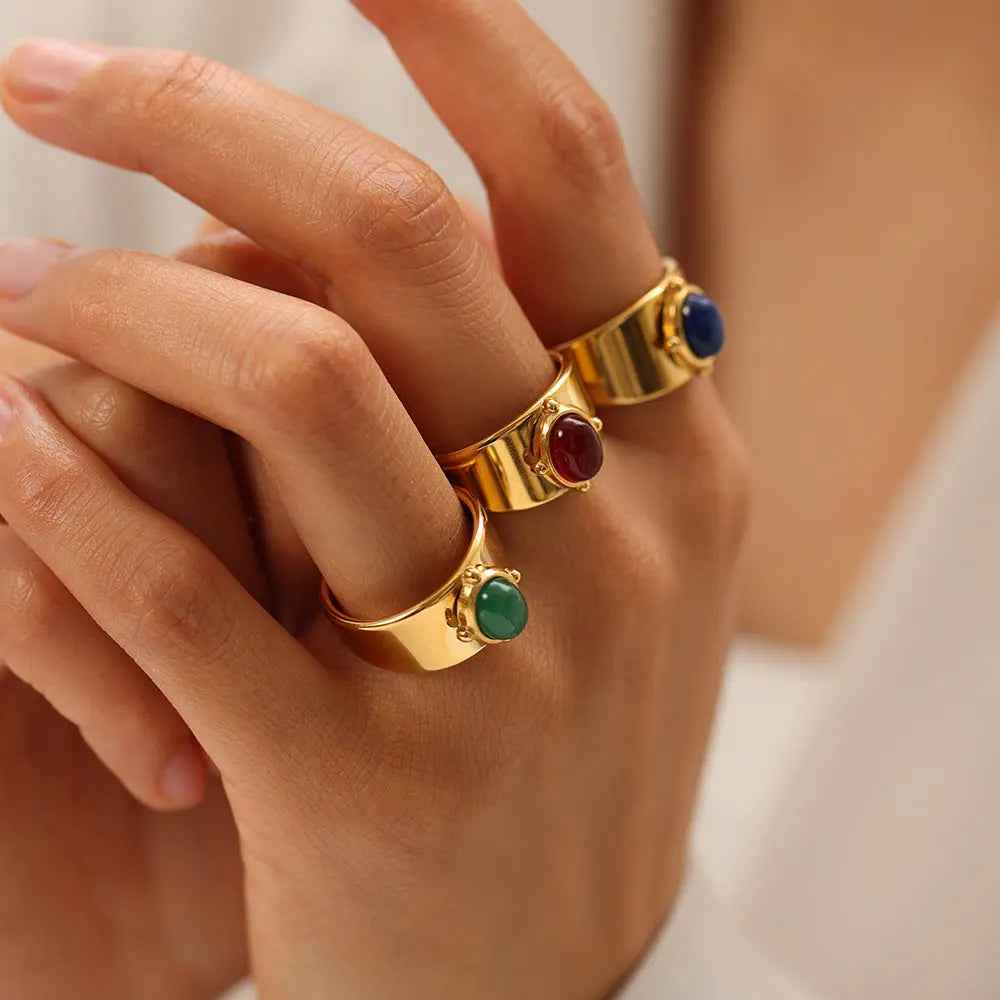 Gold Wide Face Inlaid Oval Natural Stone Ring - electronic accessories