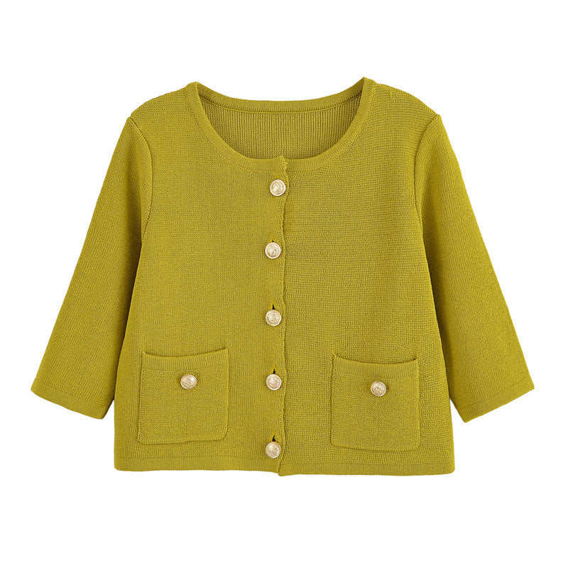 Golden Breasted Long Sleeve Knitted Coat Skirt Suit - Other