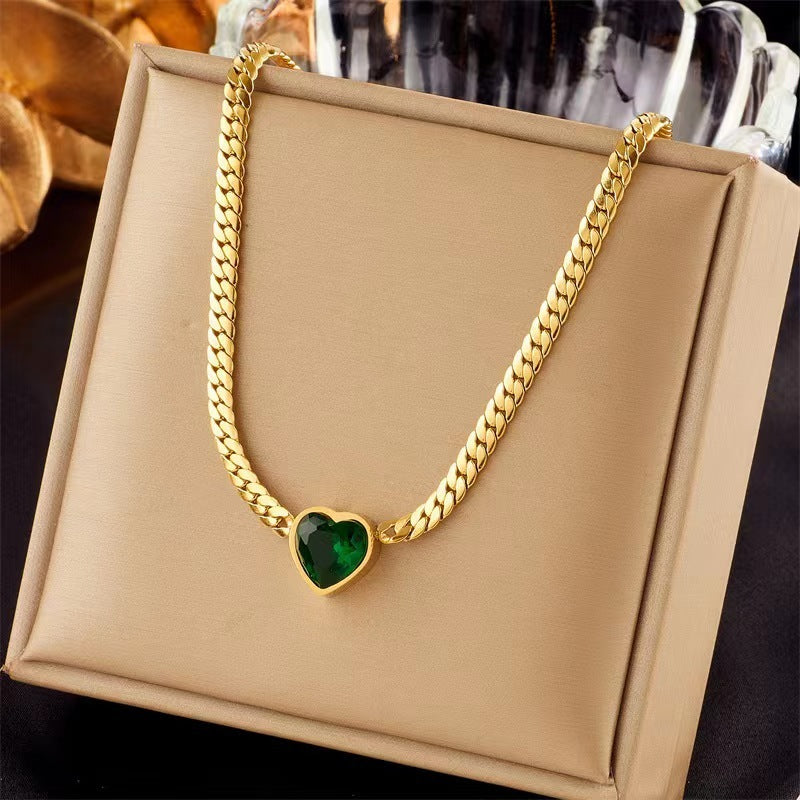 Green Heart Zircon Personality Cuban Link Chain Simple Fashion Necklace - Gold - electronic accessories
