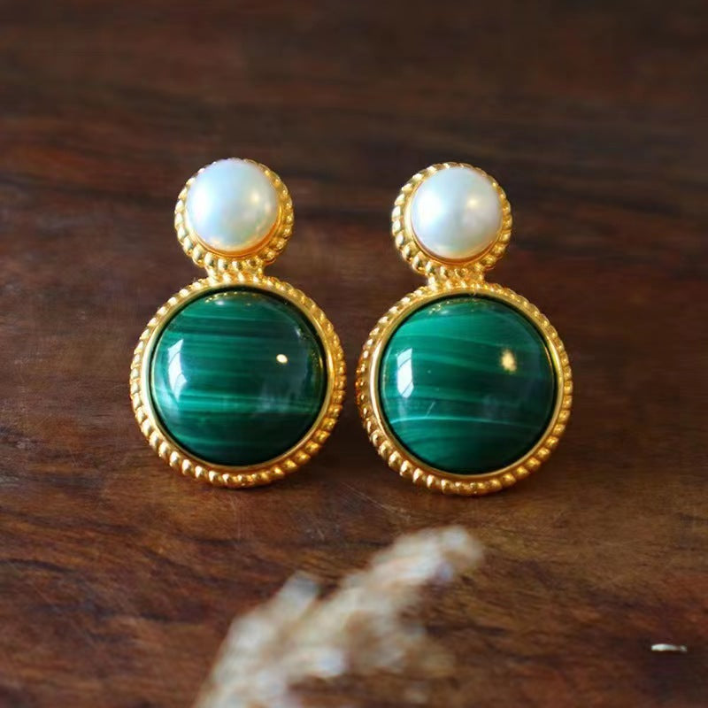 Green Malachite Pearl Stud Earrings For Women - Peacock - electronic accessories