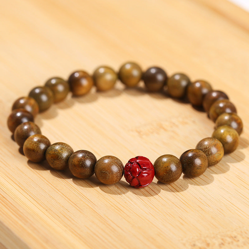 Green Sandalwood Cinnabar Lotus Bracelet Wooden Prayer Beads Ornament - About 8mm - electronic accessories