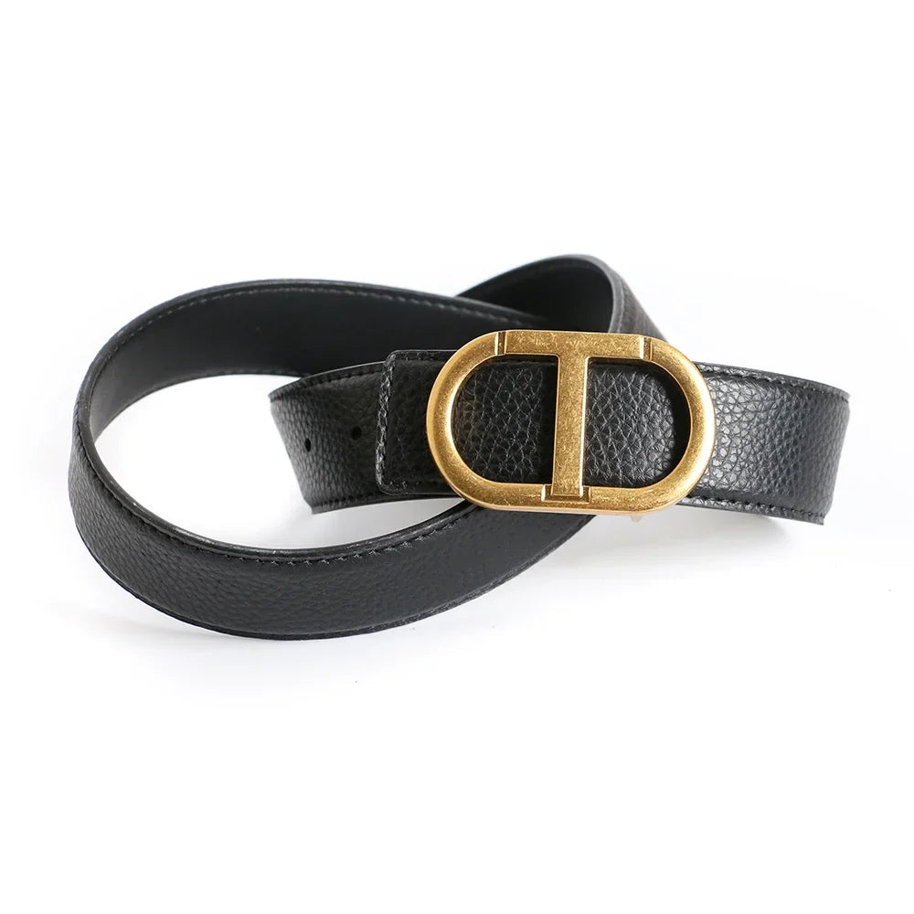 Grey Vintage T Buckle Belt Women Genuine Real Leather