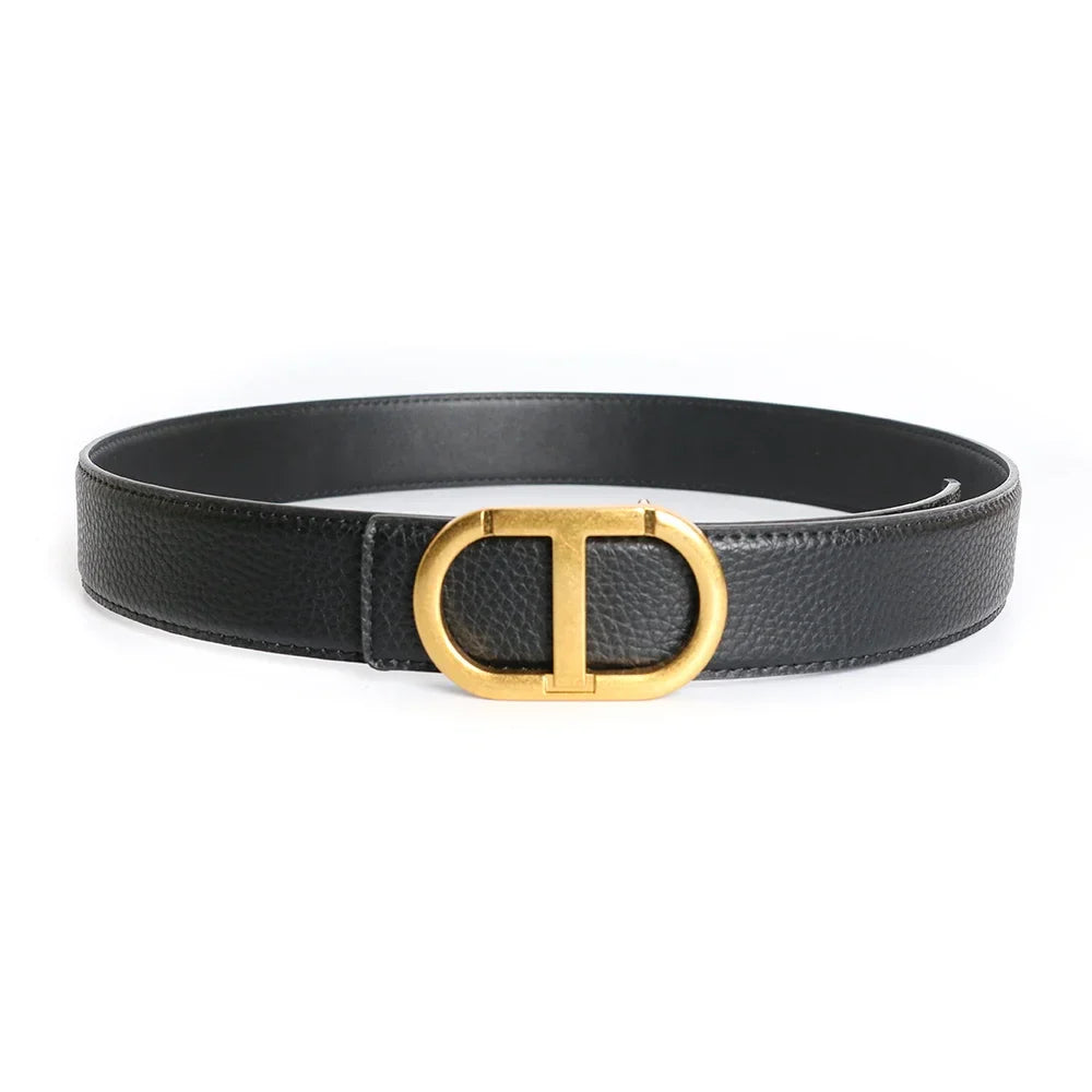 Grey Vintage T Buckle Belt Women Genuine Real Leather