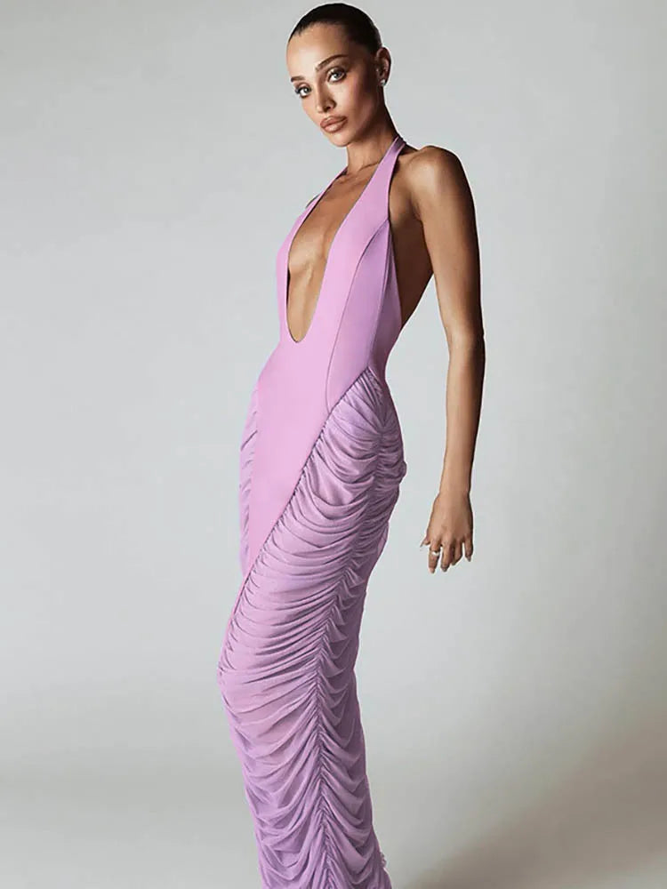 Halter Deep V Neck Maxi Dress Women