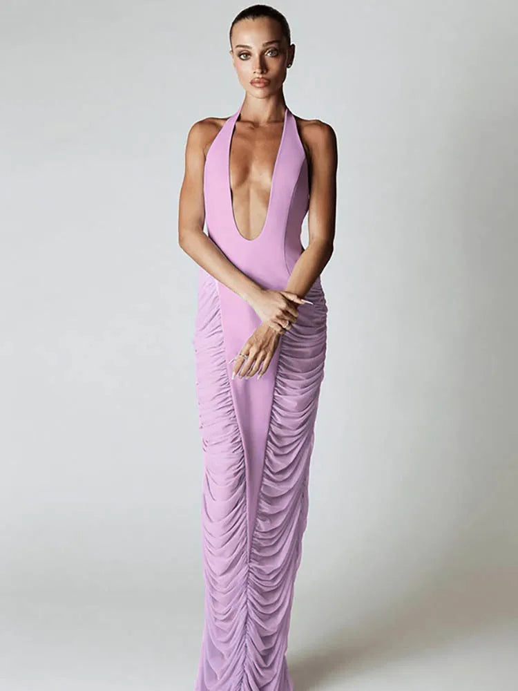 Halter Deep V Neck Maxi Dress Women - Purple / S