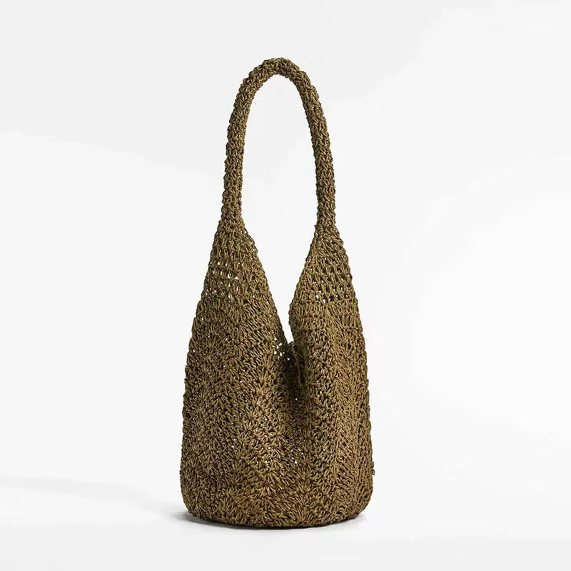 Handheld Straw Woven Bag - deep brown
