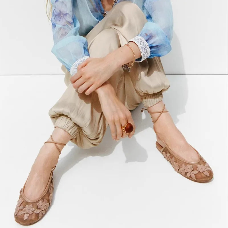 Handmade Embroider Floral Flat Sandals Women