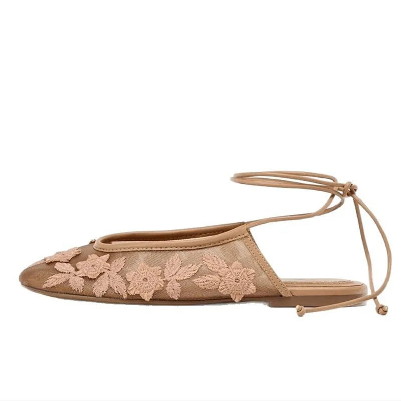 Handmade Embroider Floral Flat Sandals Women - Apricot Yellow / 40