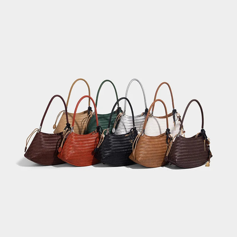 Handmade Weave PU Drawstring Tote Bags For Women