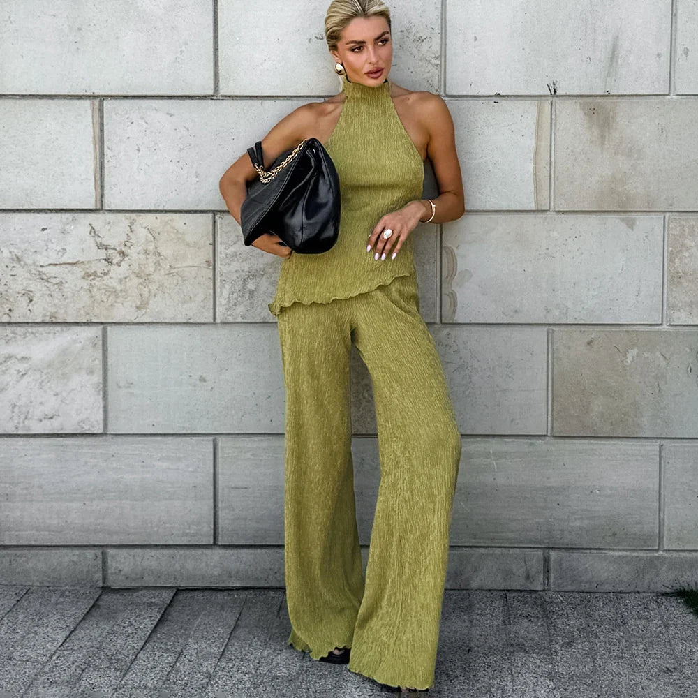 Hanging Green Pants Set Sleeveless Backless Two-piece